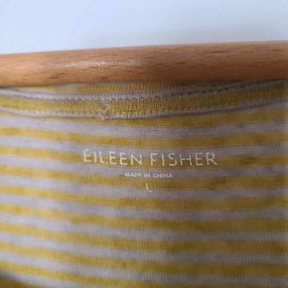 Eileen Fisher Mustard Yellow Striped 100% Organic Linen 3/4 Sleeve Pullover - Picture 3 of 4